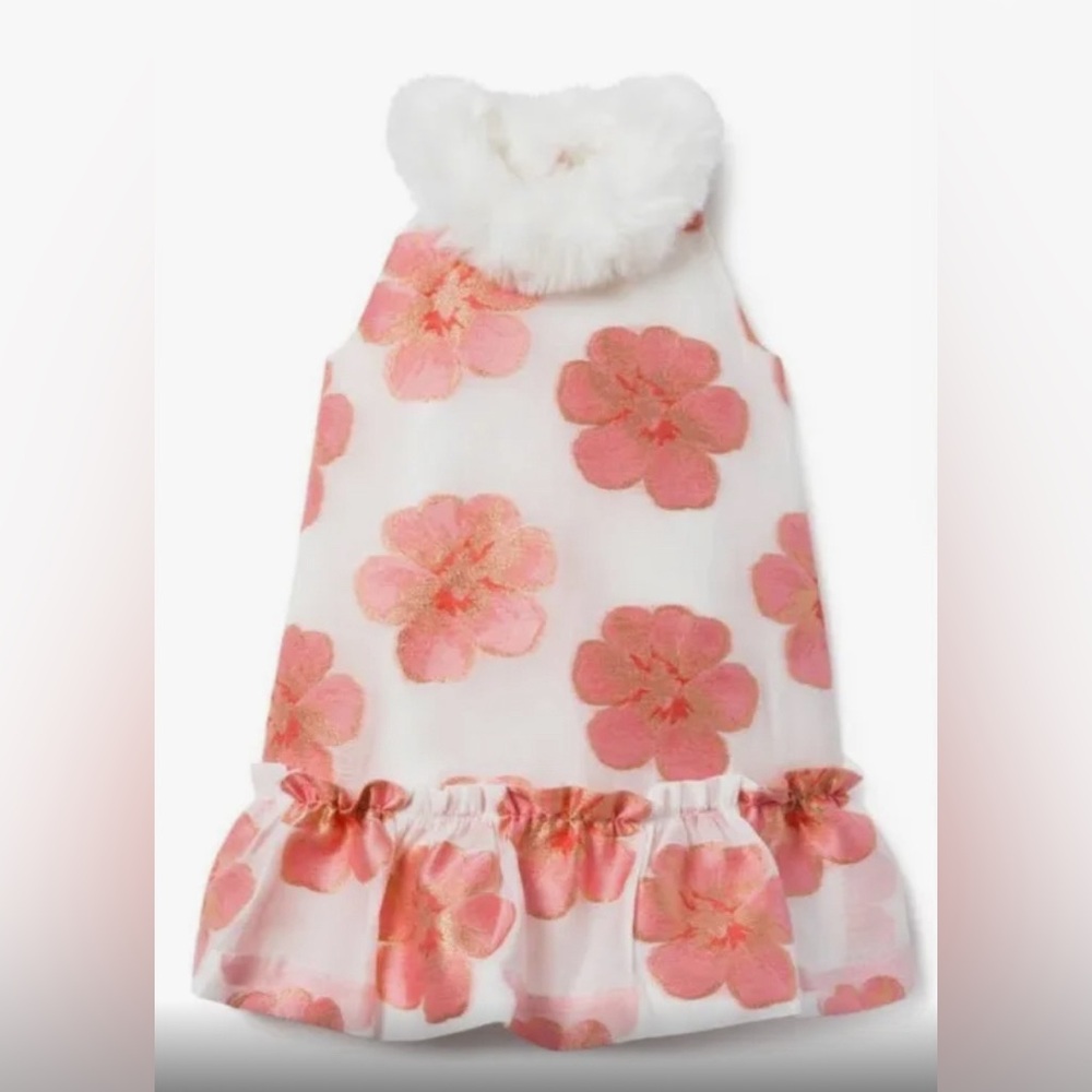 Janie and Jack Floral Satin Dress with Faux Fur Collar • Girls Size 6 • NWOT!